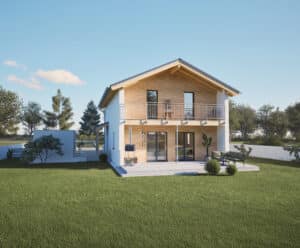 Einfamilienhaus mit Satteldach, südseitiger Holzfassadenverkleidung, Terrassentüren mit schwarzem Alurahmen, überdachter Terrasse und Balkon einem Garten und einem Terrassenpodest aus Beton mit Stufen von HARTL HAUS..