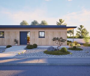 Hauseingang eines Flachdach‑Bungalows mit Holzfassade, Zengarten, Terrasse von HARTL HAUS.