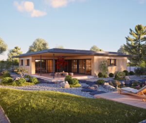 Ein Flachdachbungalow mit überdachter Terrasse mit Podest und romantischem Garten mit Zen‑Gestaltung von HARTL HAUS.