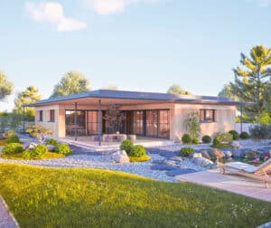 Ein Flachdachbungalow mit überdachter Terrasse mit Podest und romantischem Garten mit Zen‑Gestaltung von HARTL HAUS.