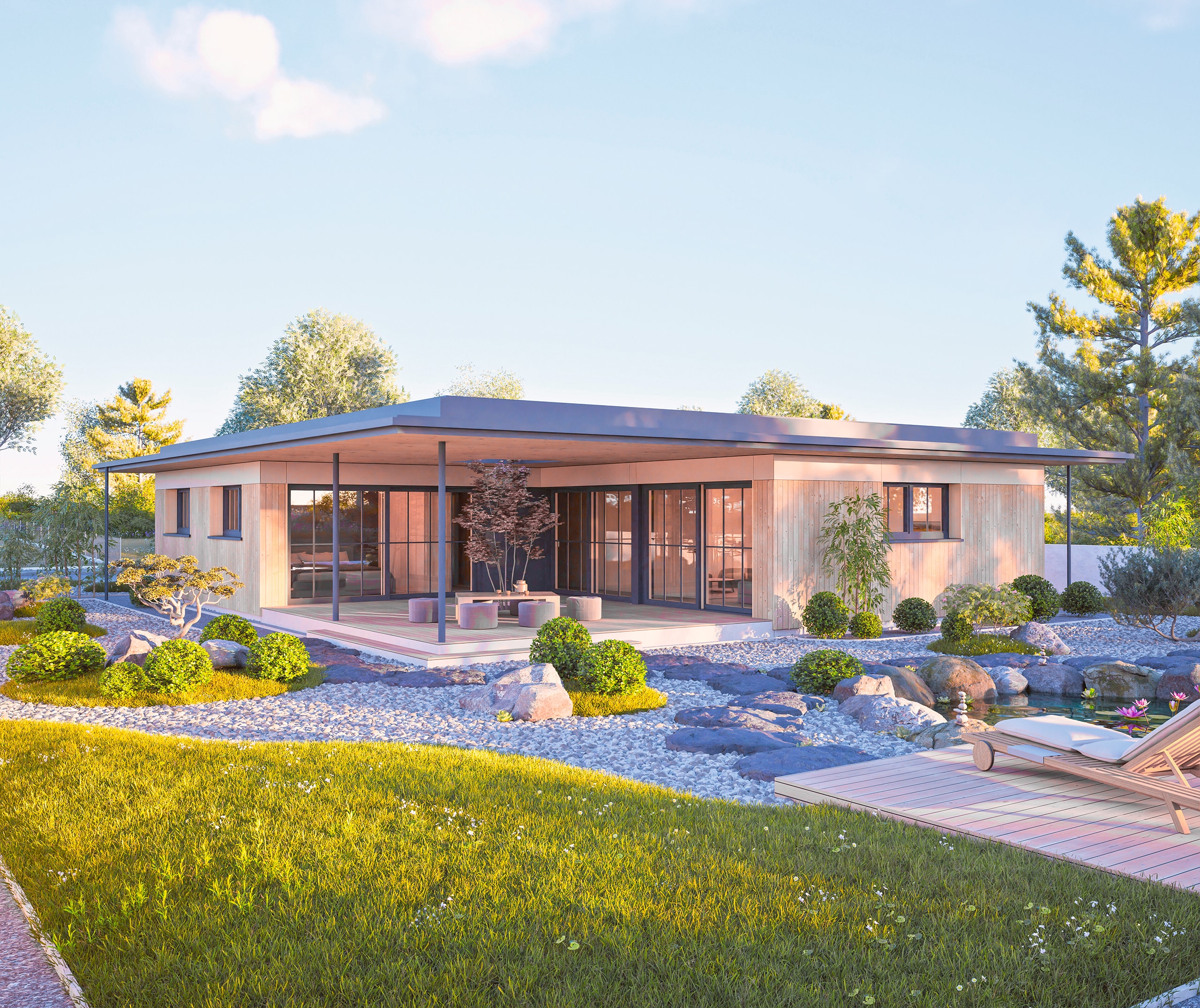 Ein Flachdachbungalow mit überdachter Terrasse mit Podest und romantischem Garten mit Zen‑Gestaltung von HARTL HAUS.