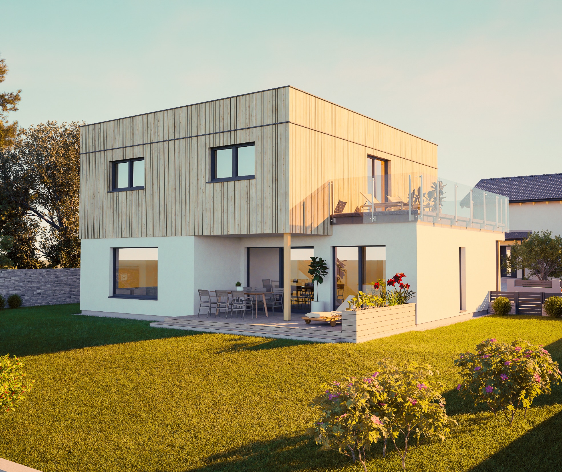 Ein Flachdachhaus mit Holz‑Elementfassade, Balkon mit Glasgeländer, Garten und überdachtem Terrassenbereich mit Holzpodest von HARTL HAUS.