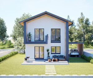 Ein Haus mit Satteldach, Dachvorstand, Carport, zwei überdachten Balkonen, Garten und Terrasse auf gefliestem Podest von HARTL HAUS.