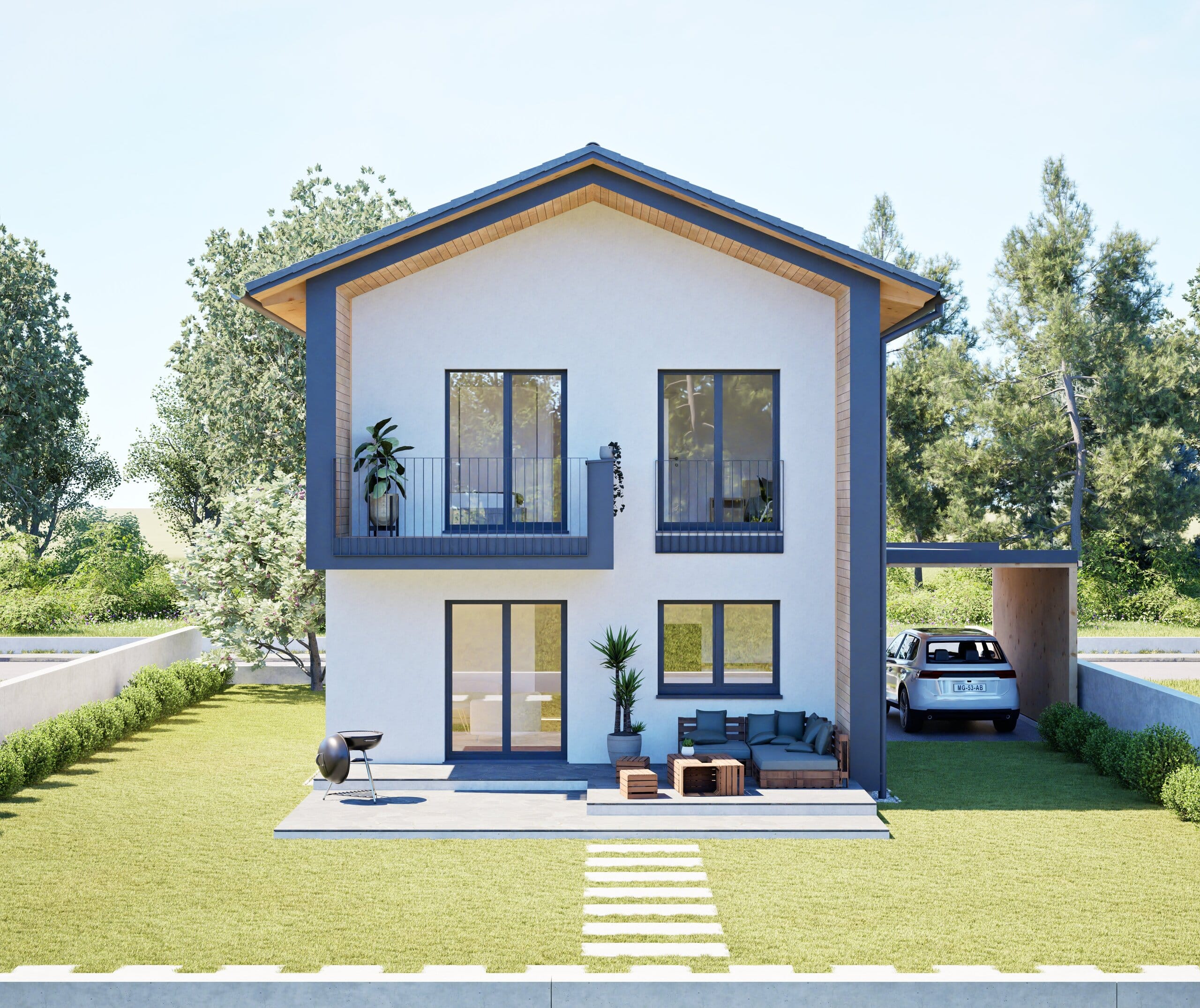 Ein Haus mit Satteldach, Dachvorstand, Carport, zwei überdachten Balkonen, Garten und Terrasse auf gefliestem Podest von HARTL HAUS.