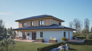 Ein Einfamilienhaus bzw. Mehrgenerationenhaus mit Walmdach über zwei Etagen, überdachter Terrasse mit Podest und großzügigem Gartenbereich von HARTL HAUS.