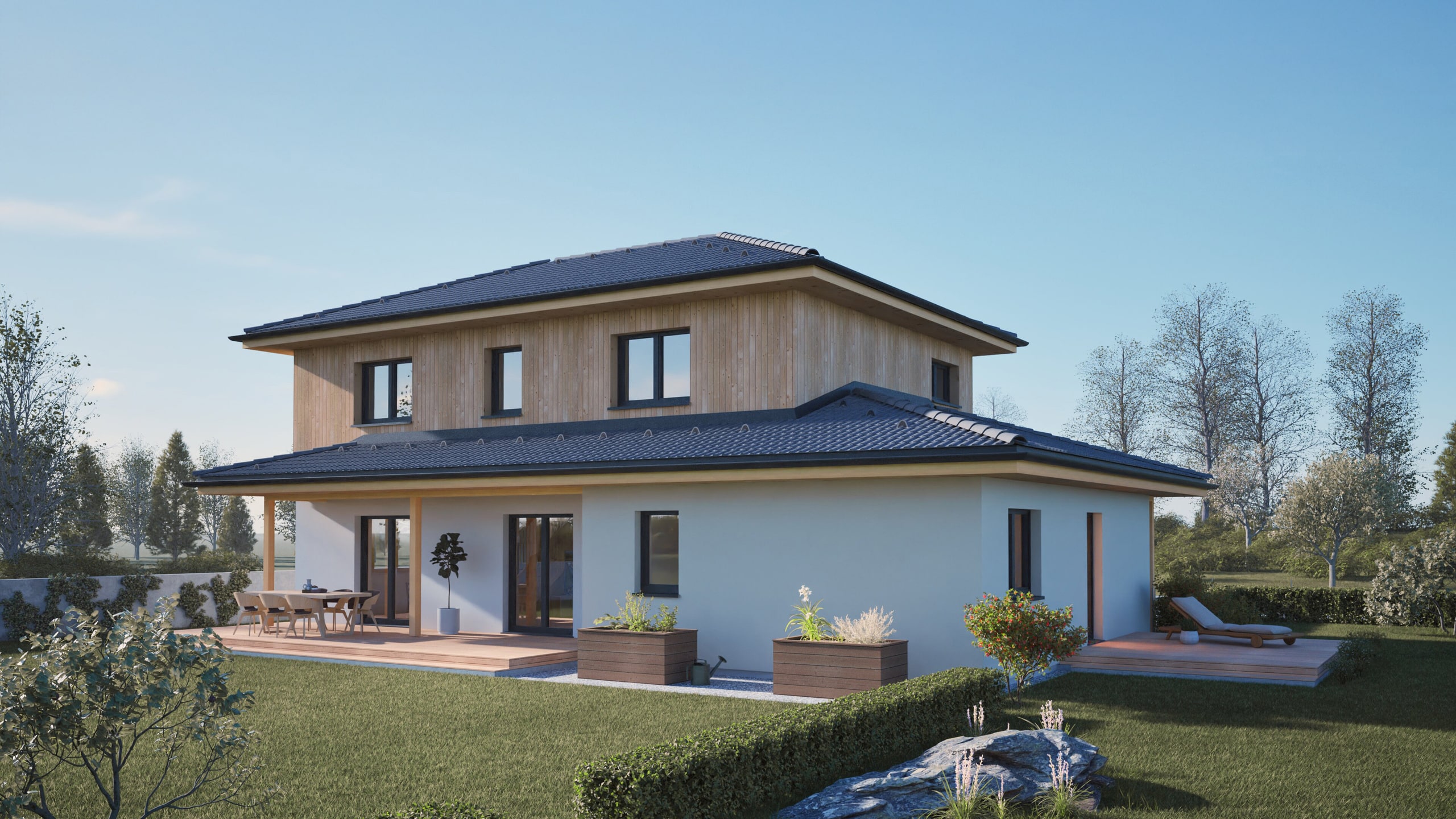 Ein Einfamilienhaus bzw. Mehrgenerationenhaus mit Walmdach über zwei Etagen, überdachter Terrasse mit Podest und großzügigem Gartenbereich von HARTL HAUS.
