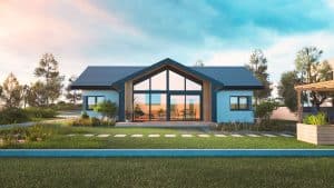 Bungalow mit Zwerchdach und Erker mit Glaselementen und Terrassenschiebetüren, Holzterrasse, Garten und Pergola von HARTL HAUS.