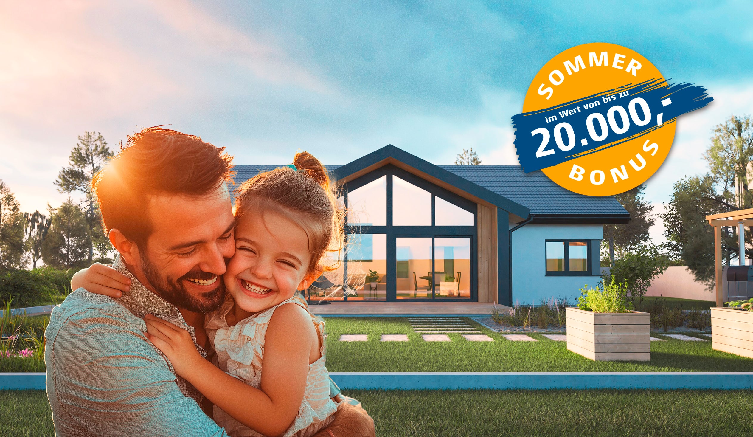 Vater und Tochter in herzlicher Umarmung vor einem Bungalow mit Zwerchdach und Erker mit Glaselementen und Terrassenschiebetüren, Holzterrasse, Garten und Pergola und einem Sommer-Bonus-Störer von HARTL HAUS.