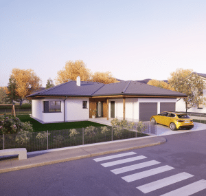 Ein moderner Bungalow mit Walmdach, Doppelgarage, eingezäuntem Garten und einem Gehweg mit Zebrastreifen von HARTL HAUS.
