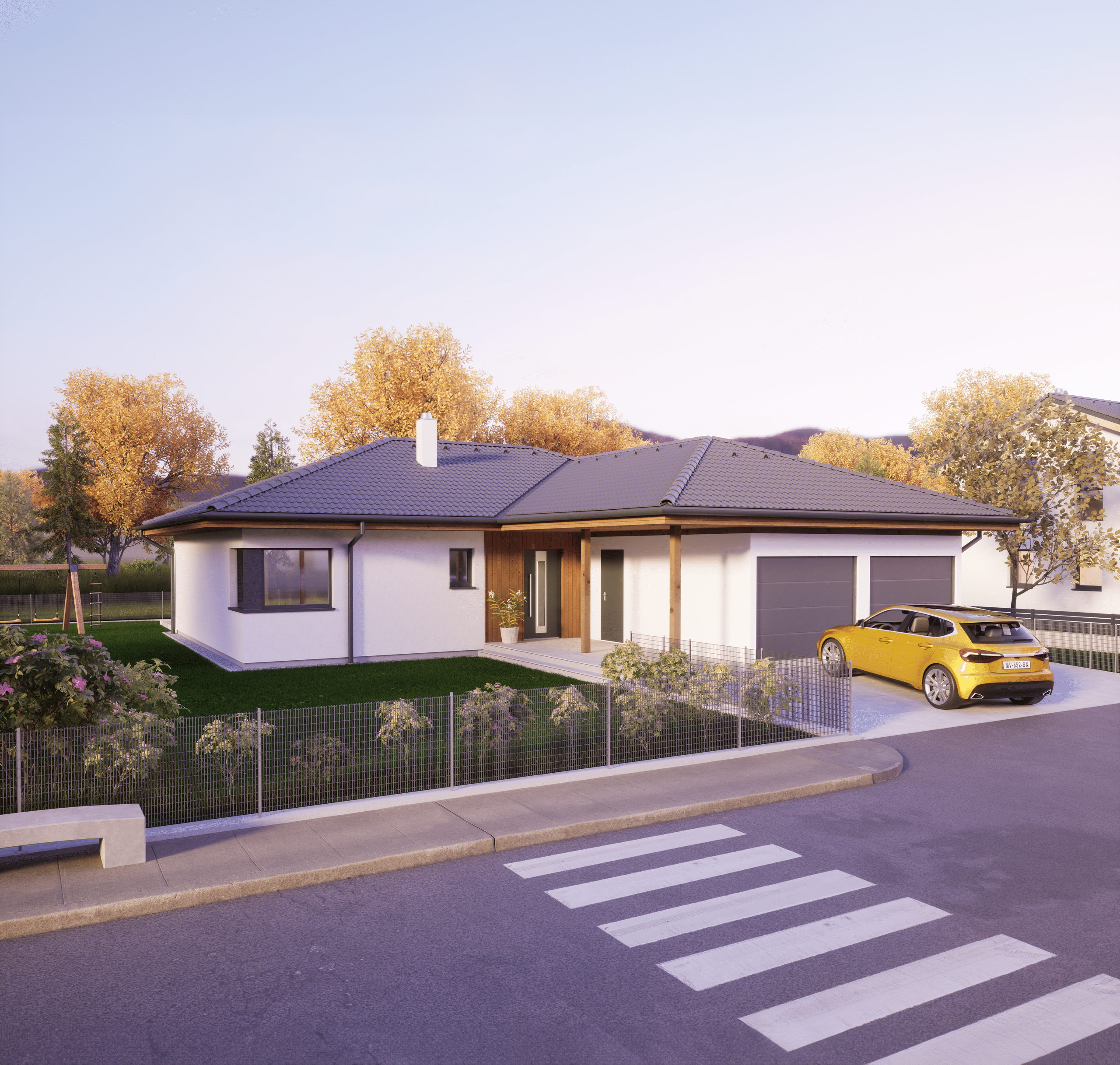 Ein moderner Bungalow mit Walmdach, Doppelgarage, eingezäuntem Garten und einem Gehweg mit Zebrastreifen von HARTL HAUS.