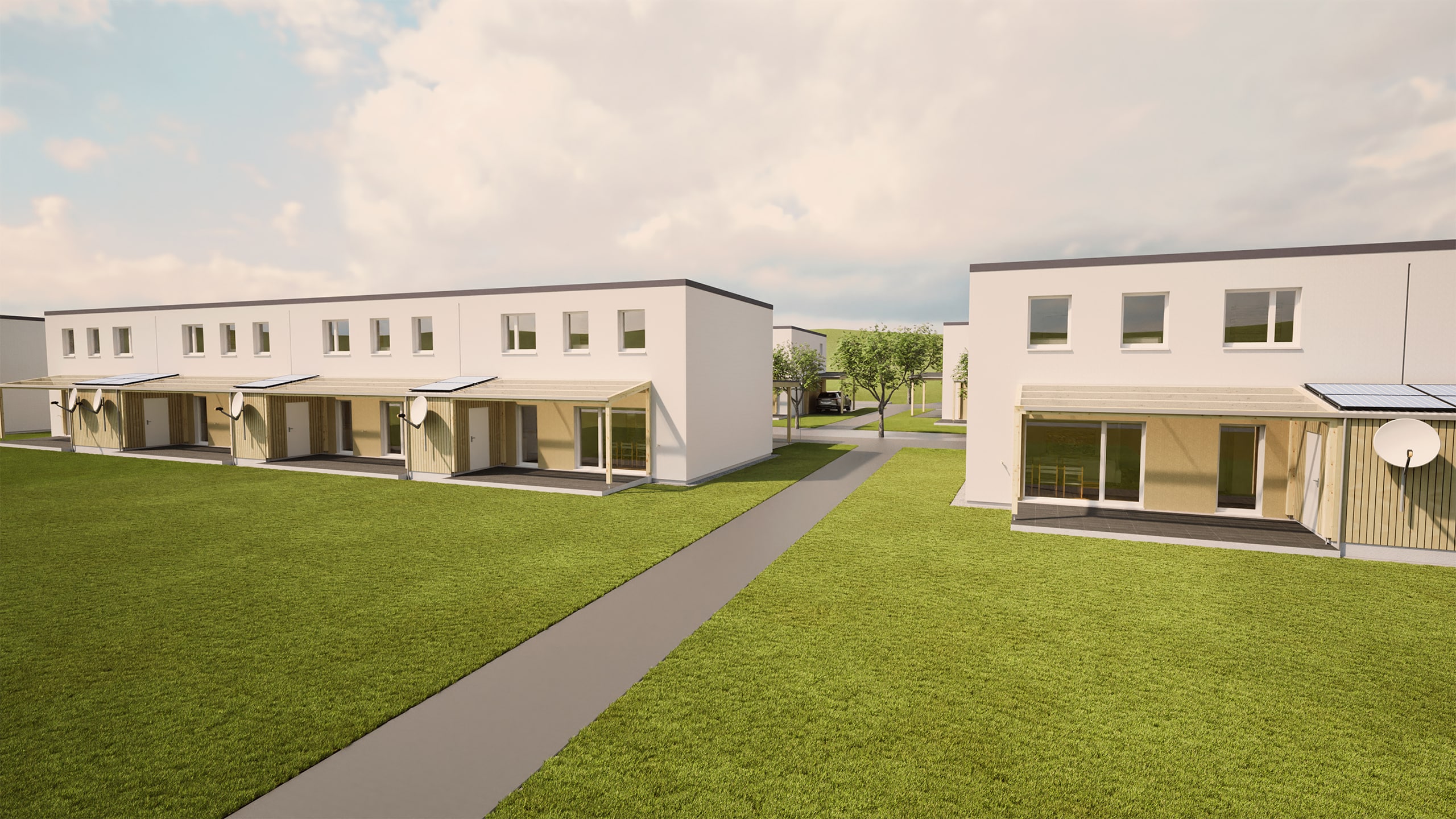 Helle Reihenhäuser mit überdachten Terrassen, großen Fenstern und dachmontierten Solarpaneelen von HARTL HAUS.