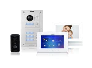 Eine moderne Dahua-Video-Türsprechanlage mit Außenstation und Innenmonitor in verschiedenen Ausführungen für eine sichere Kommunikation und Zutrittskontrolle an Gebäudeeingängen von Heimdall Alarmsysteme.