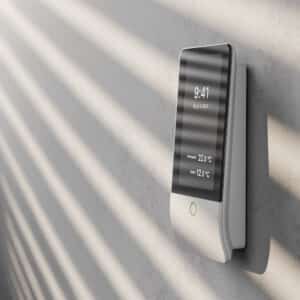 Eine Jablotron JA-116E Natus Touchscreen-Bedieneinheit ist als Wandmodul dargestellt und dient der komfortablen Steuerung des Alarmsystems von Heimdall Alarmsysteme.