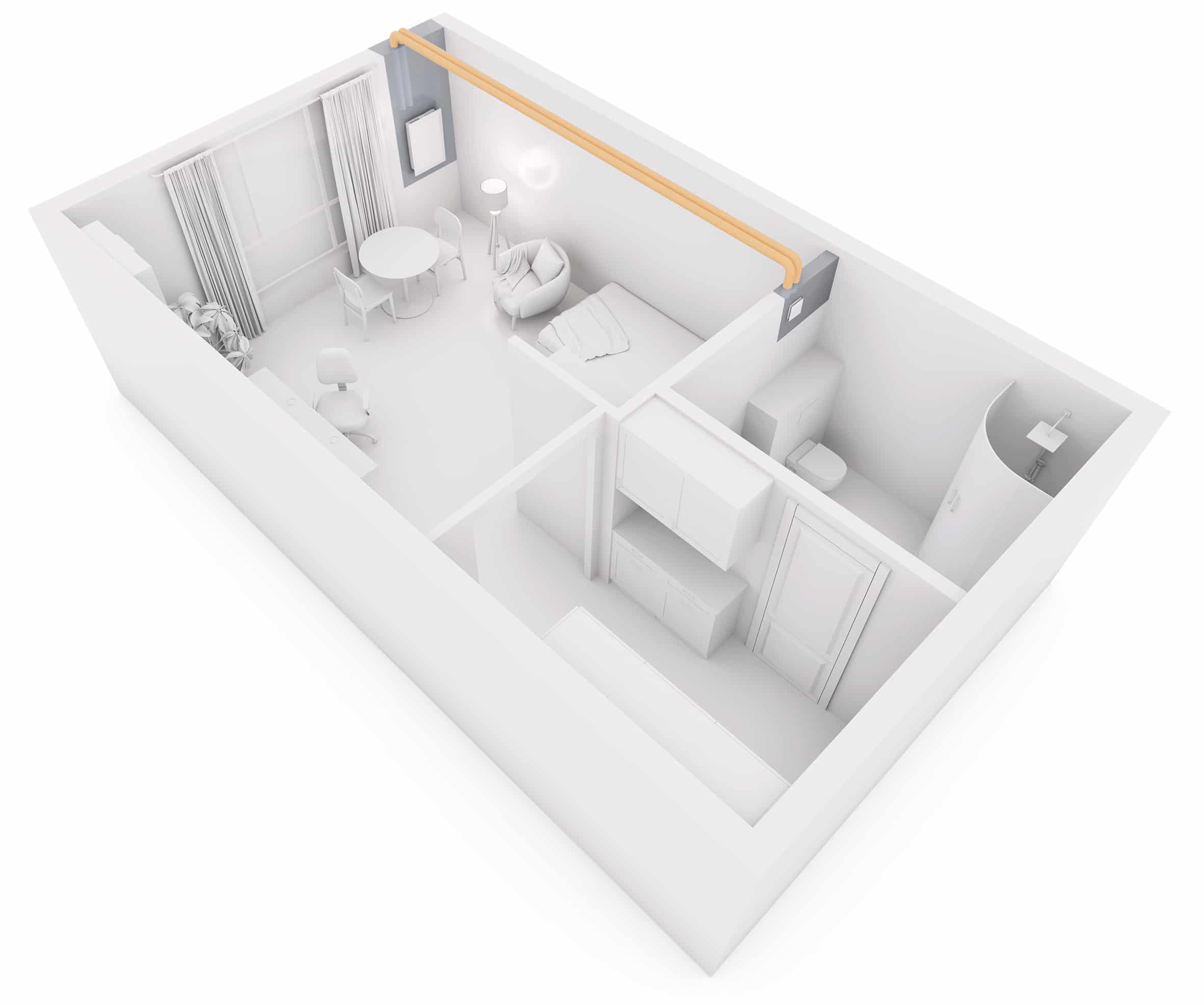 Helios zeigt die Visualisierung der Lüftungsrohre der Wohnraumlüftung KWL-EC-70 in einer 4 Zimmer-Wohnung.