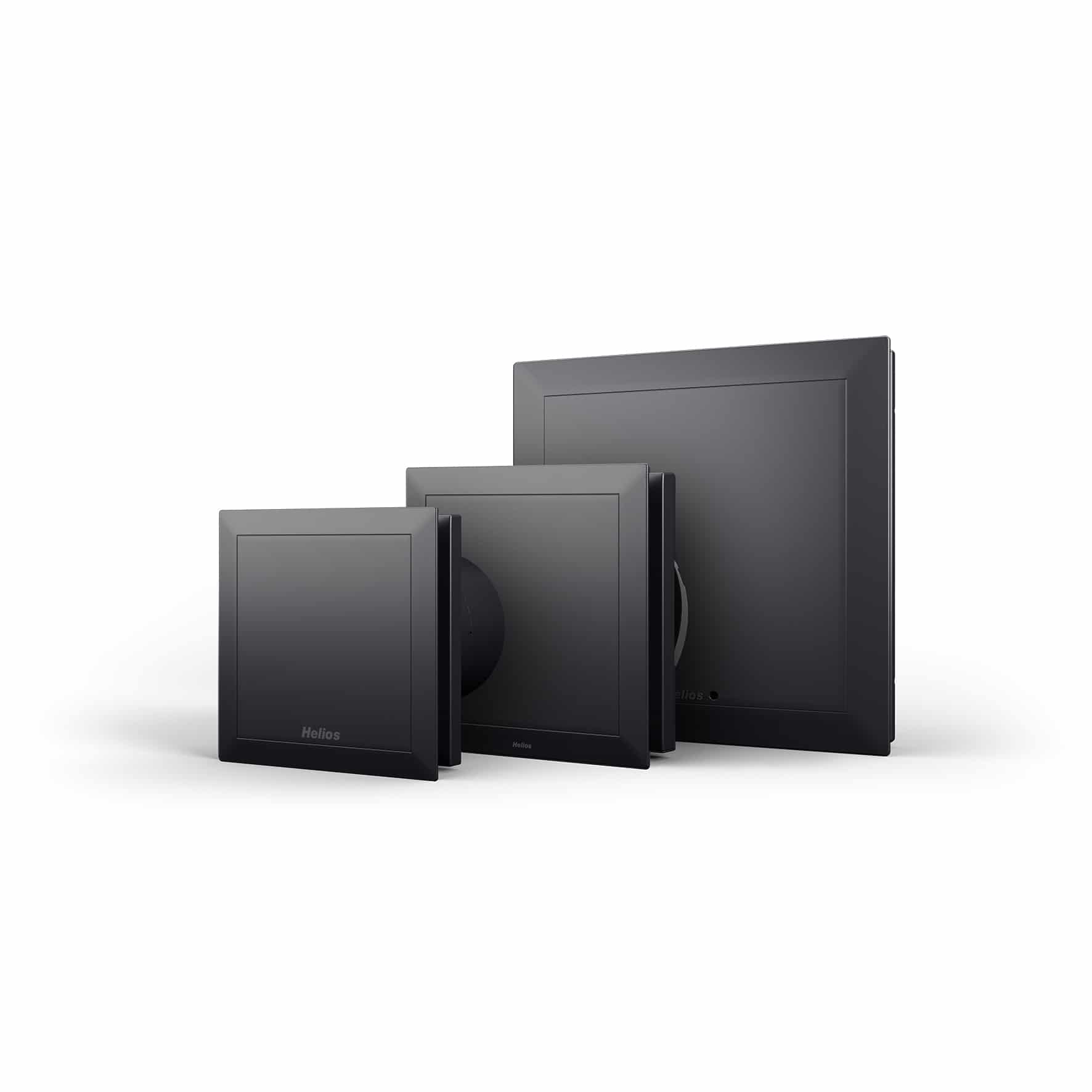 Helios zeigt das neue Designlüftungsventil in Schwarz in drei Größen.
