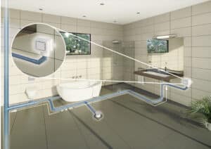 Hutterer & Lechner zeigt die Visualisierung der Abwasserleitungen von Waschbecken, Badewanne, Dusche, WC und Badezimmer.