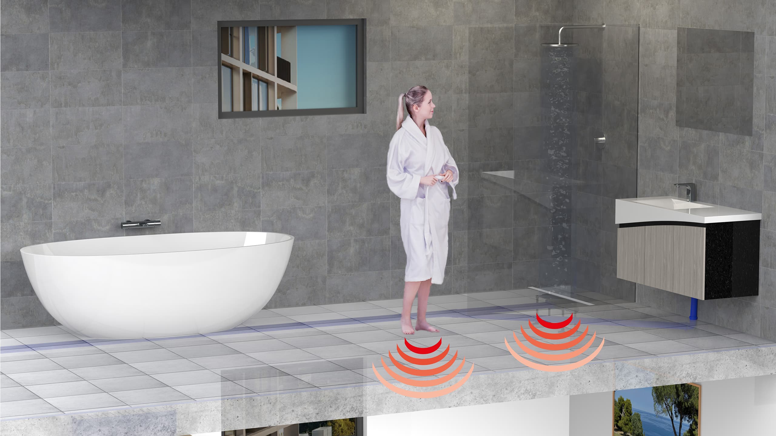 Hutter & Lechner zeigt die Visualisierung der Schallübertragung durch Tritte und Wasserablauf einer Dusche.
