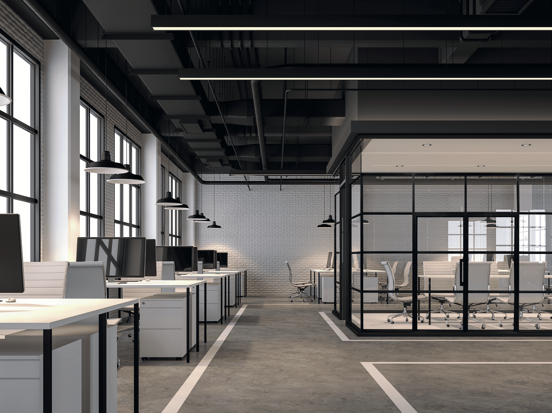 Hörmann Austria zeigt ein Großraumbüro mit Loft-Innentüren mit aus Glas und schwarzem Rahmen.