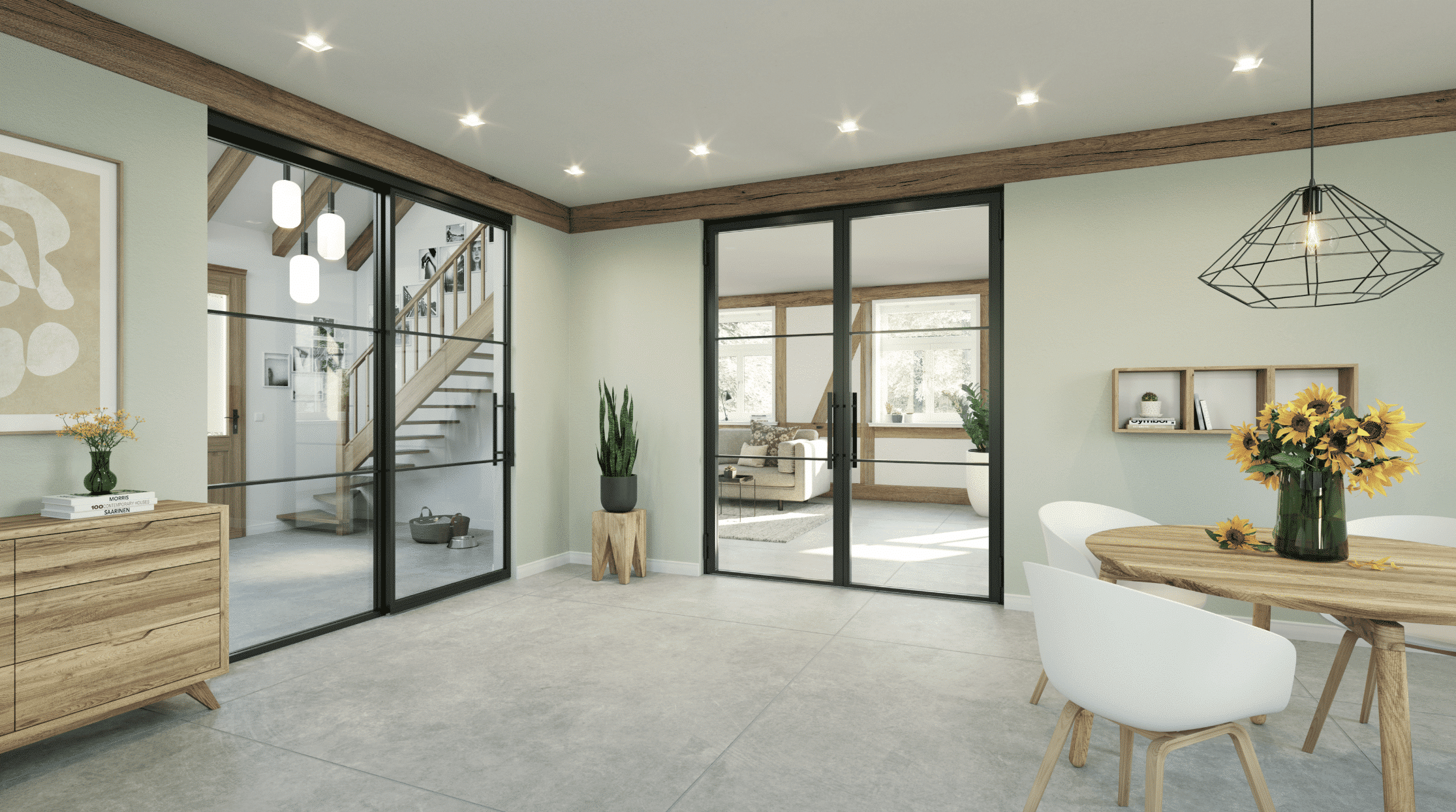 Hörmann Austria zeigt ein Esszimmer mit einer Lofttür aus Glas mit schwarzem Rahmen mit Zugang zum Wohnzimmer in Naturtönen und einer Glasschiebetür ins Vorzimmer.