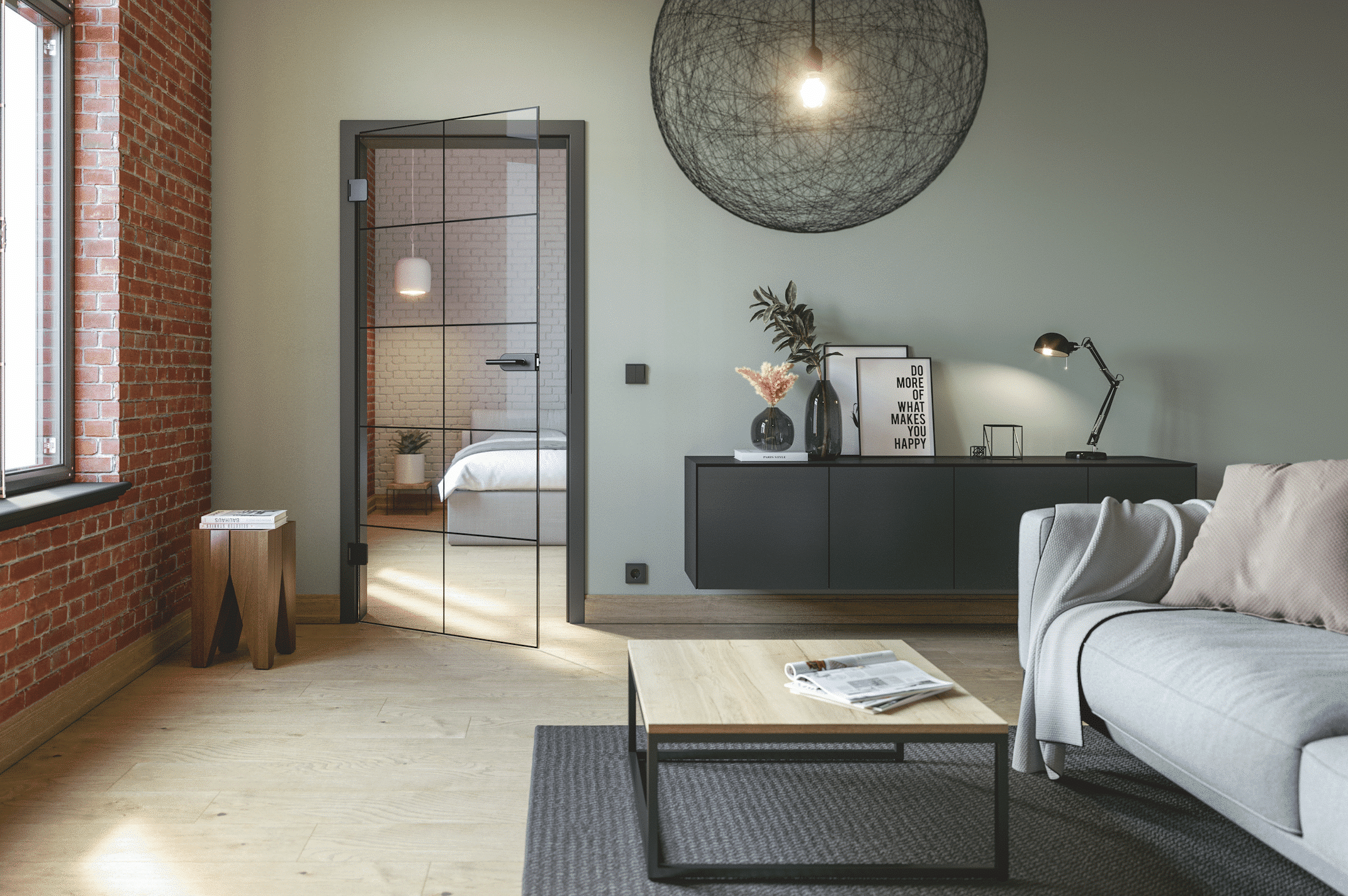 Hörmann Austria zeigt ein Wohnzimmer in Pastelltönen und grauer Couch mit einer Lofttüre aus Glas mit schwarzem Rahmen und Zugang zum Schlafzimmer mit Doppelbett.