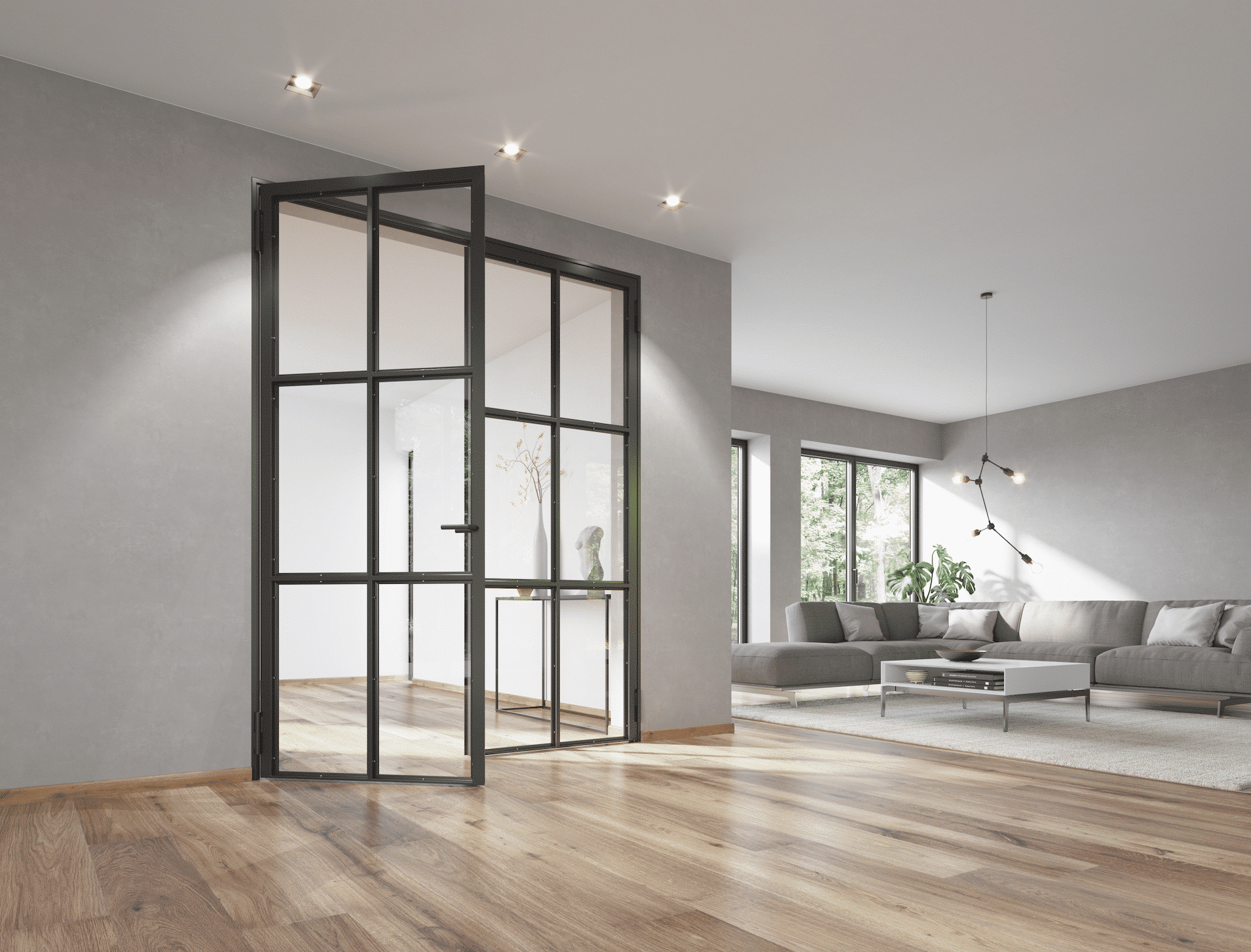 Hörmann Austria zeigt ein Wohnzimmer mit hellem Holzboden, grauer Sitzlandschaft, freiliegendem Teppich und einer Lofttüre aus Glas mit schwarzem Rahmen.