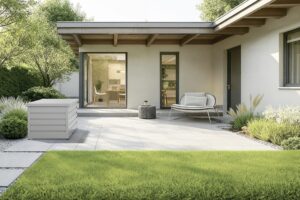 Moderne Gartenbox in Hellgrau im Innenhof mit Outdoormöbeln von HÖRMANN AUSTRIA.