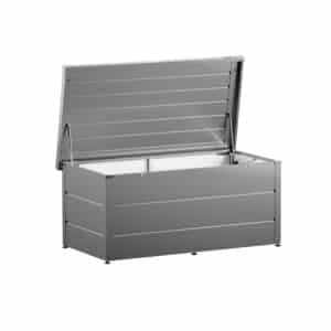 Offene Juno Gartenbox Typ 1620 in RAL 9007 in modernem Design mit verstellbaren Füßen von HÖRMANN AUSTRIA.