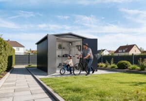 Ein modernes Juno Gerätehaus mit Satteldach, das als offene und funktionale Fahrradunterbringung genutzt wird. Die Konstruktion besteht aus robustem Metall in einer dunklen, eleganten Farbgebung und fügt sich harmonisch in eine gepflegte Gartenumgebung ein von HÖRMANN AUSTRIA.