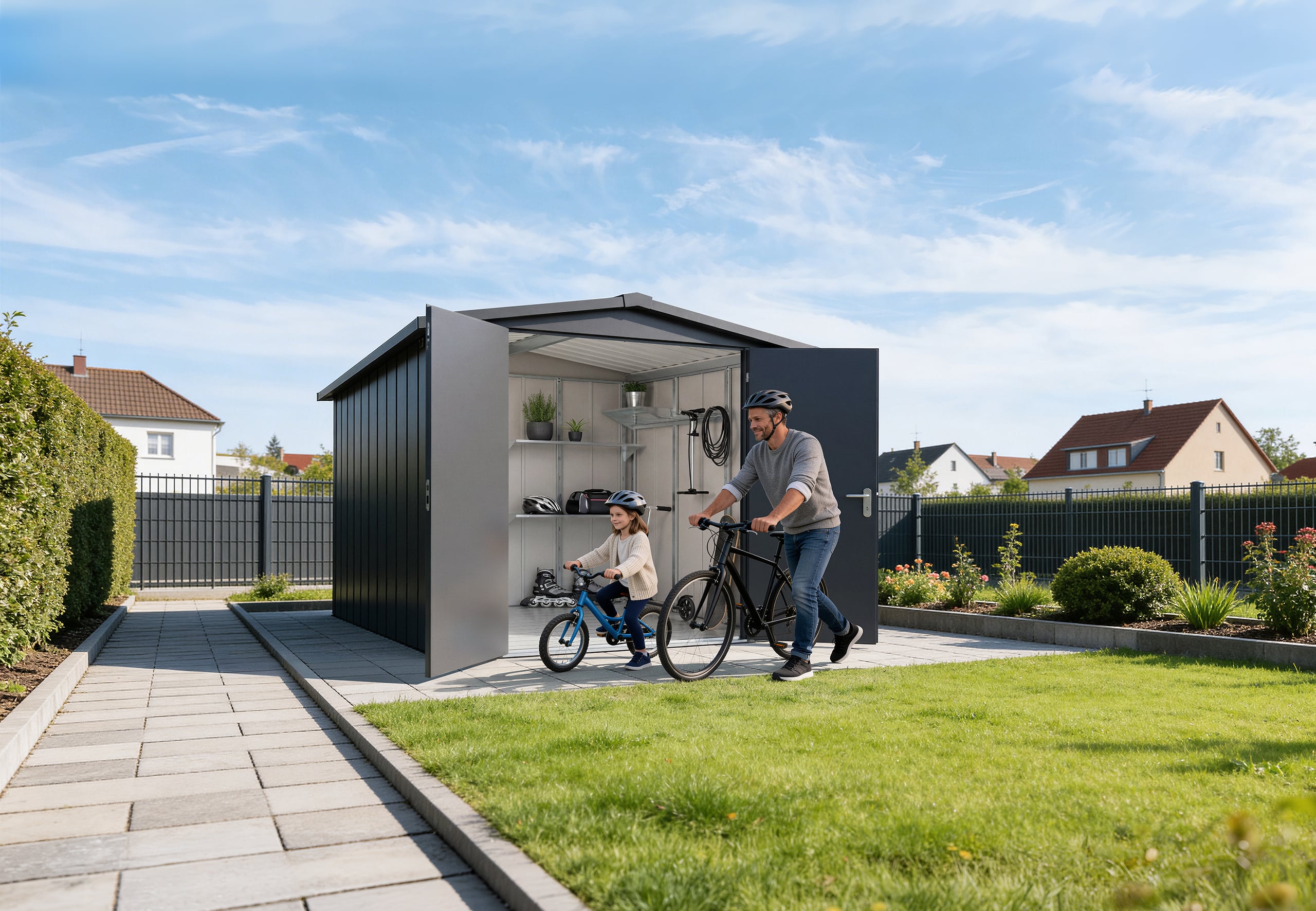 Ein modernes Juno Gerätehaus mit Satteldach, das als offene und funktionale Fahrradunterbringung genutzt wird. Die Konstruktion besteht aus robustem Metall in einer dunklen, eleganten Farbgebung und fügt sich harmonisch in eine gepflegte Gartenumgebung ein von HÖRMANN AUSTRIA.