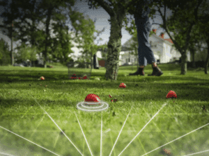 Die NERA 405VE und 410VE von Husqvarna erkennen präzise Hindernisse wie herabgefallene Äpfel im Garten.