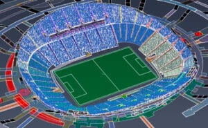IBS Technisches Büro zeigt ein 3D-Modell einer Evakuierungsanalyse in einem Stadion.