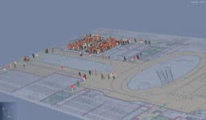 IBS Technisches Büro zeigt die Simulation von Fluchtweg und Fluchtwegplan in einem großen öffentliche Gebäude.