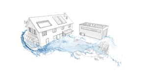 IBS Technisches Büro zeigt eine 3D-Simulation von Oberflächenwasser bei einem Wohnhaus mit Garten und Pool.