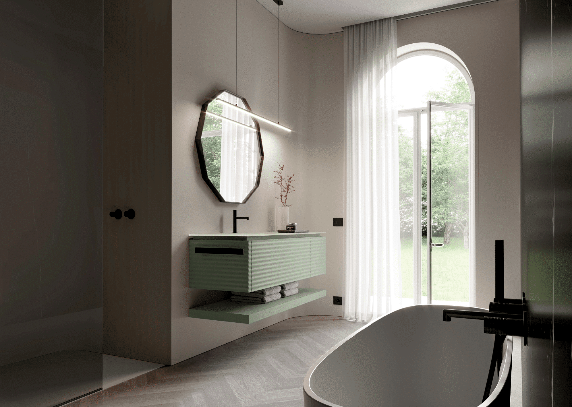 Elegantes Badezimmer mit Waschtisch mit gewellter Oberfläche und modernem Spiegel von Idea Group.