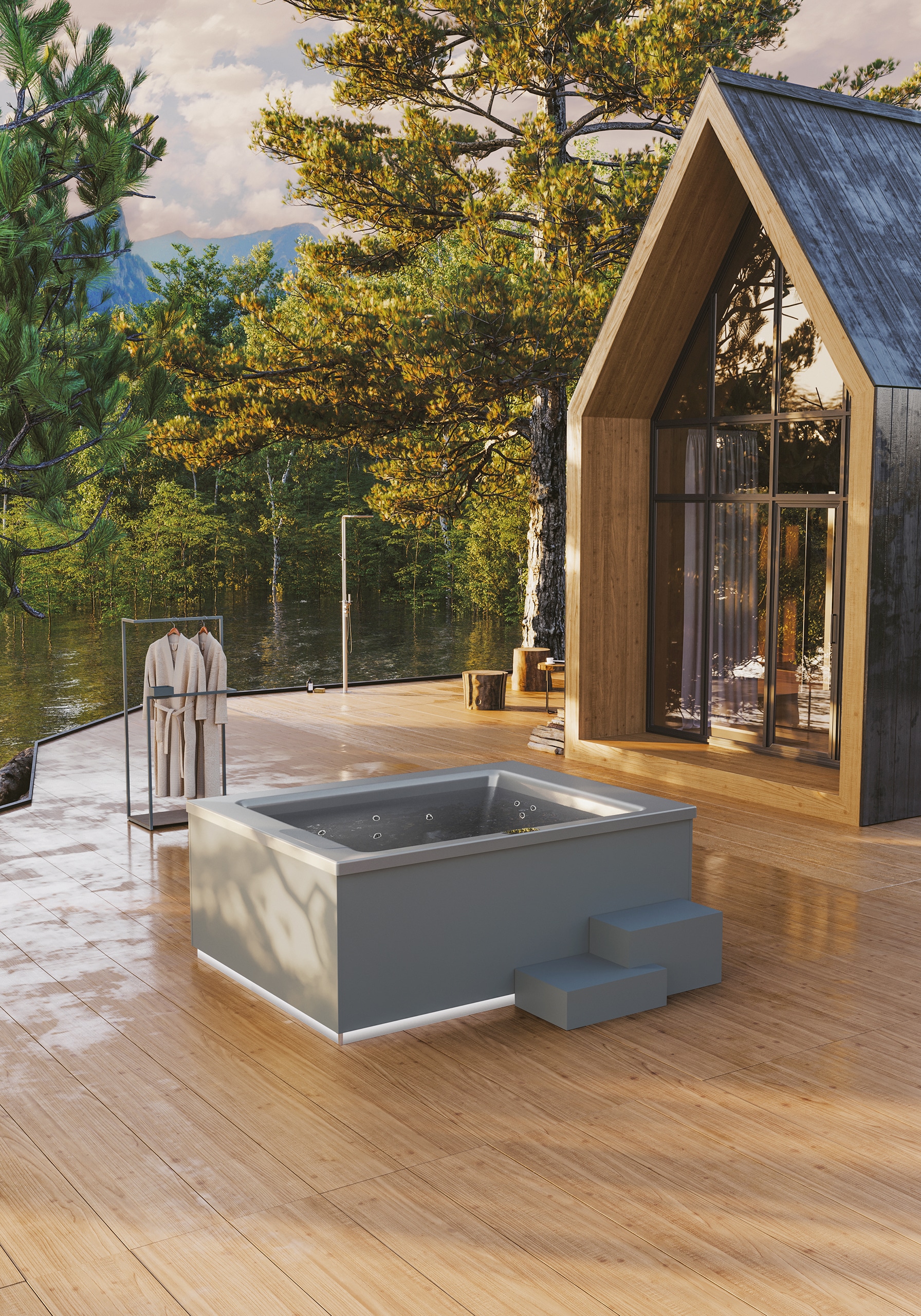 Der rechteckige Whirlpool "Helba 210" mit Ummantelung im grauen Betonlook, zwei Stufen und silbernem Innenleben auf einer Terrasse mit Outdoordusche und einem stummen Diener, von Disenia.