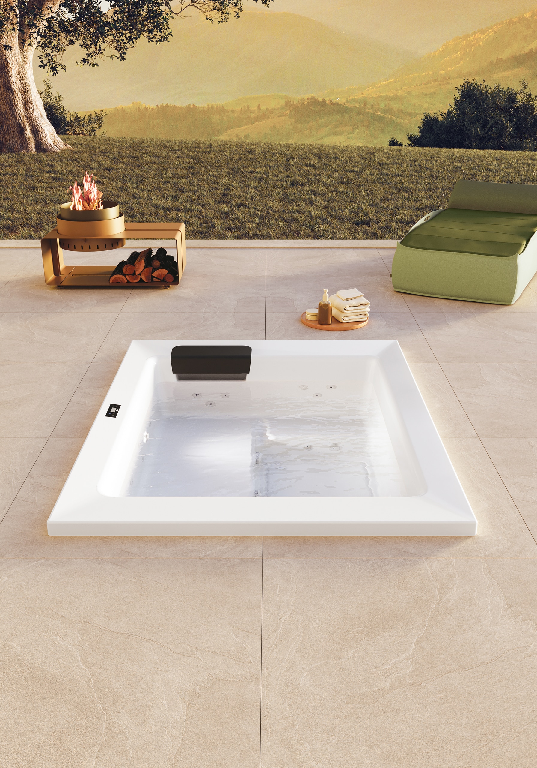 Terrasse mit XL-Steinfliesen und Unterbauversion von Outdoor-Whirlpool "Linos" in Weiss mit schwarzer Nackenstütze bzw. Einstiegshilfe oder Sitzfläche am Rand mit matter Oberfläche und Touchscreen-Panel von Disenia.