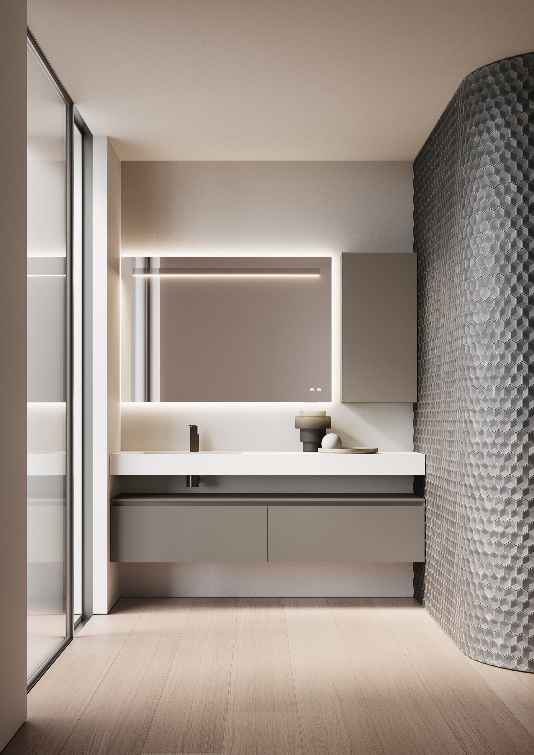 Ideagroup präsentiert einen Waschtisch mit weißem Waschbecken, einen beigen Unterbauschrank, einen Wandschrank und einen quadratischen Spiegel mit integrierter Beleuchtung.