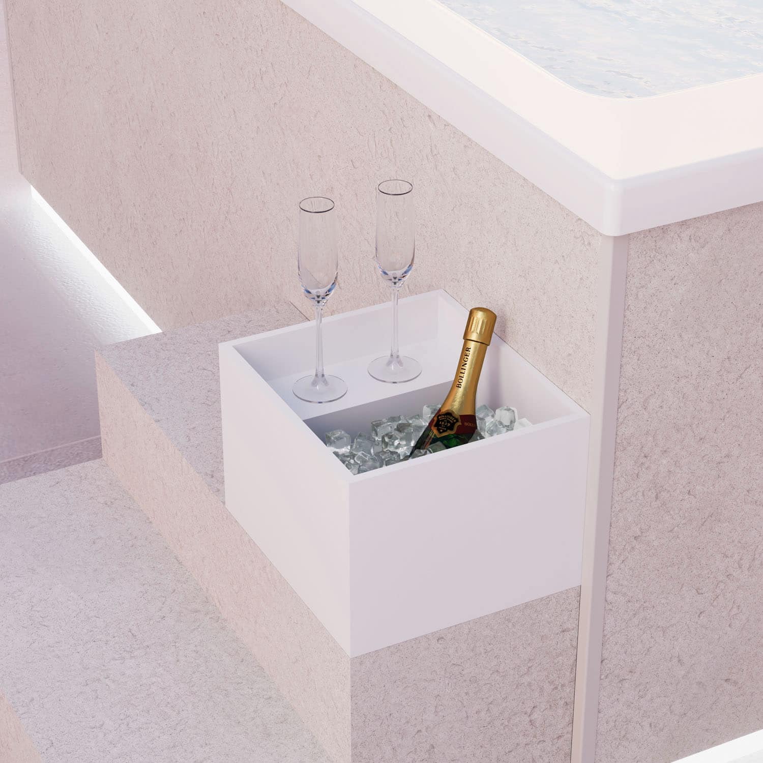 Freistehender Whirpool "Gilium" mit beiger Verkleidung in Steinoptik, dazupassender Treppe "Riviera" und Eisbehälter "Artico" in Weiss von Disenia.