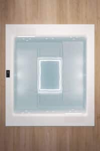 Der rechteckige Whirlpool "Helba 210" in der Unterbau-Version mit Unterwasser-Beleuchtung, ergonomischen Sitzmulden, Hydromassage-Düsen und Touchscreen-Panel von Disenia.