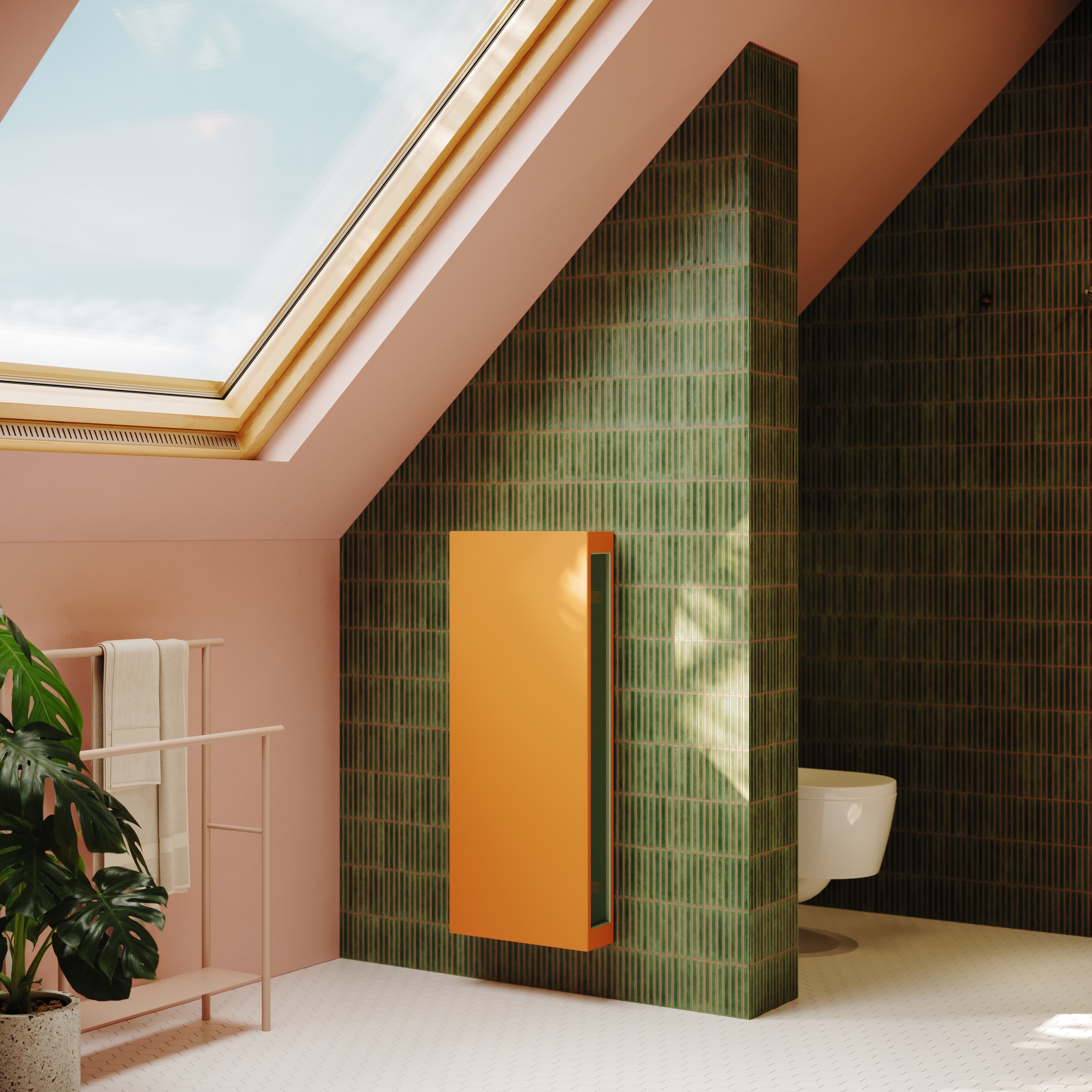 Jaga zeigt den Wärmepumpenheizkörper VertiLina Net Zero in orange an einer Wand mit grünen Fliesen montiert.