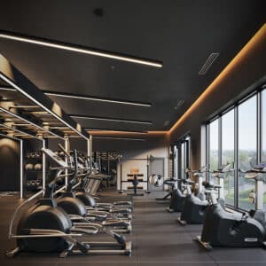 Jaga zeigt die Raumklimalösung Briza, die kühlt und heizt, als Deckeneinbau in einem Fitnessstudio.