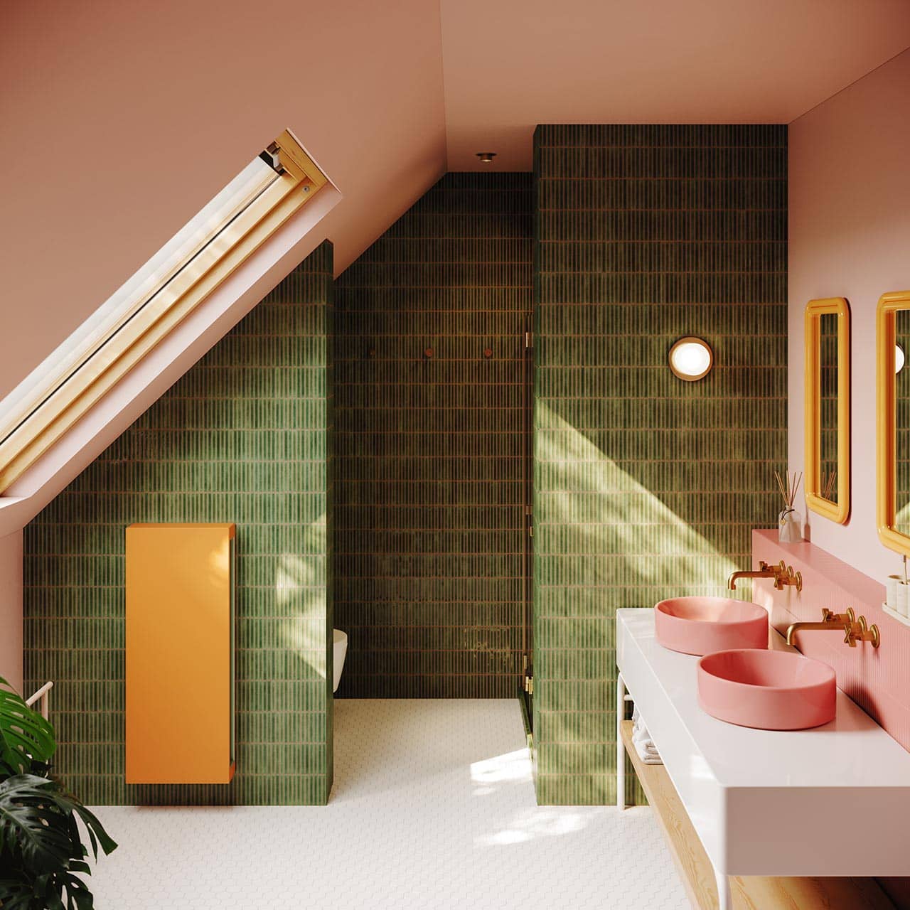 Badezimmer mit einem VertiLina Net Zero Wärmepumpen-Heizkörper von Jaga und 2 Waschbecken.
