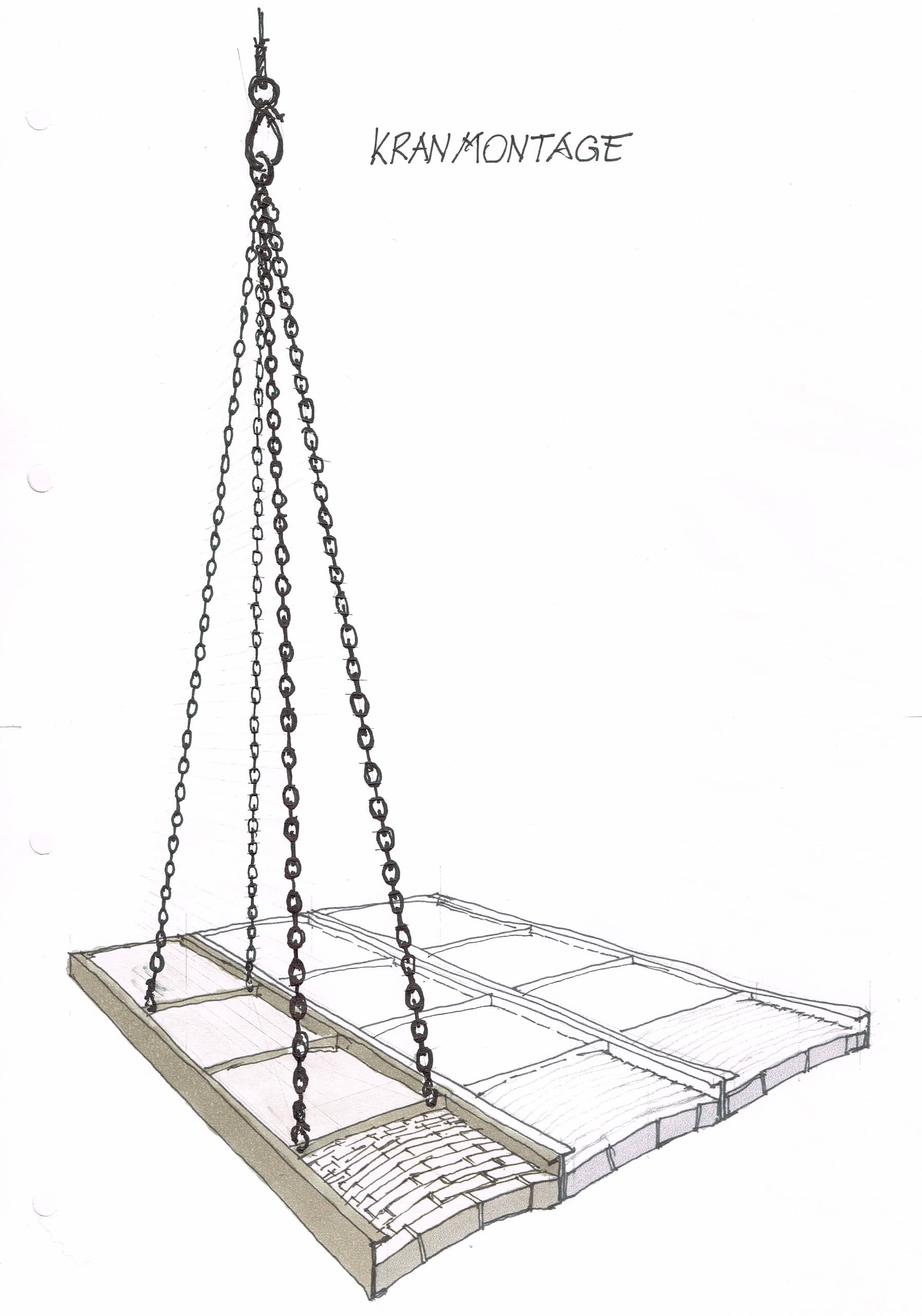 Skizze der Montage mit Kran von Fertigteilgewölben von Jahn Gewölbebau.