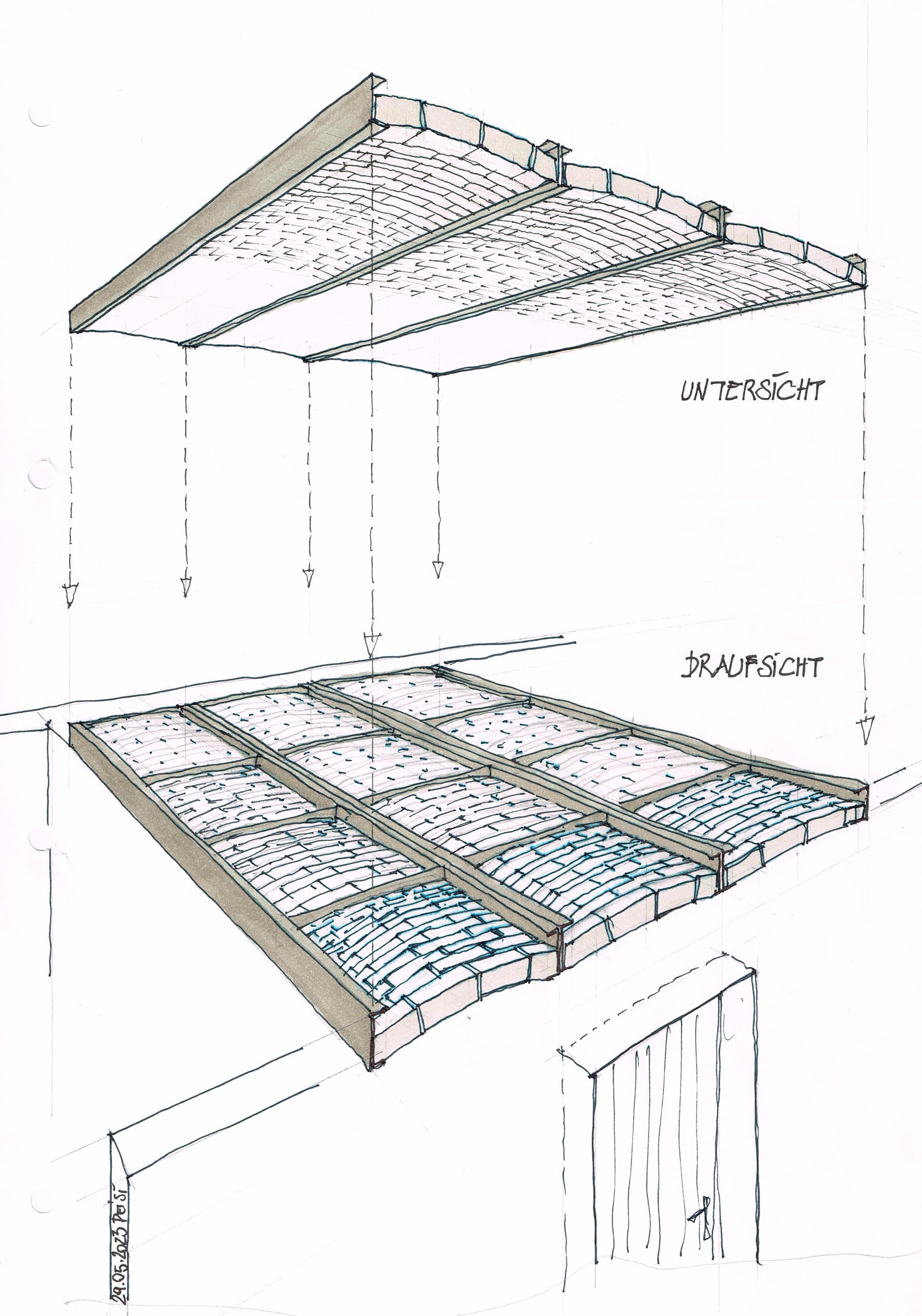 Skizze der Verlegesystematik von Fertigteilgewölben von Jahn Gewölbebau.