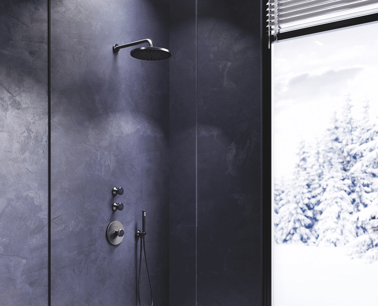 Farbharmonie, Transparenz und Freiraum – Der elegante Duschbereich mit Unterputz-Lösung der „Valencia“-Thermostat-Brausebatterie in Nerz matt mit blauem Aventurin vor verputzten, blauen Wänden und bodenebener Duschwanne von Bette in mattem Edelweiß.