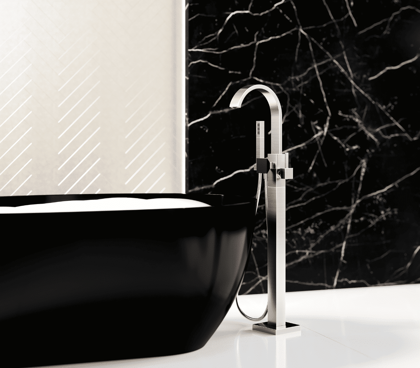 Wellness im edlen Designer-Bad: Die frei stehende „Empire Royal Crystal”-Wannenarmatur mit Handbrause in Nickel matt mit mattschwarzem Kristallgriff passt perfekt zum italienischen Design der ovalen Badewanne „Reflex” von Antonio Lupi.