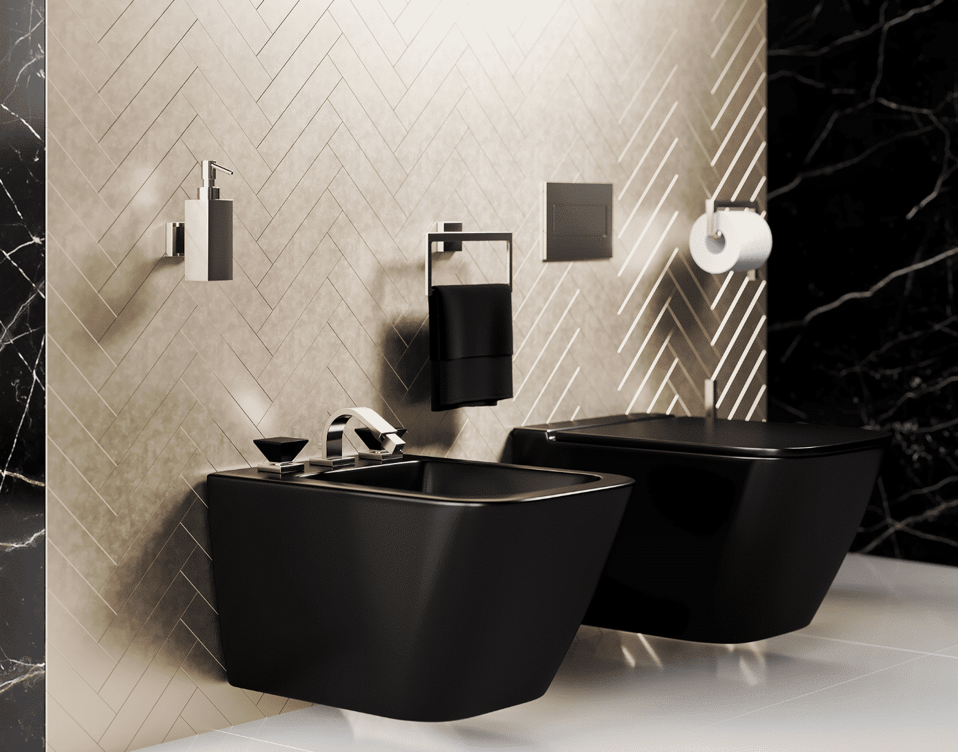 „Empire Royal Crystal“ in Nickel matt mit Kristallgriffen in Mattschwarz – ein edler Blickfang auch im WC-Bereich! Stimmig veredelt zeigen sich Bidet-Armatur, Accessoires und WC-Betätigunsplatte. Im Trend das WC und Bidet als Wandmodelle.