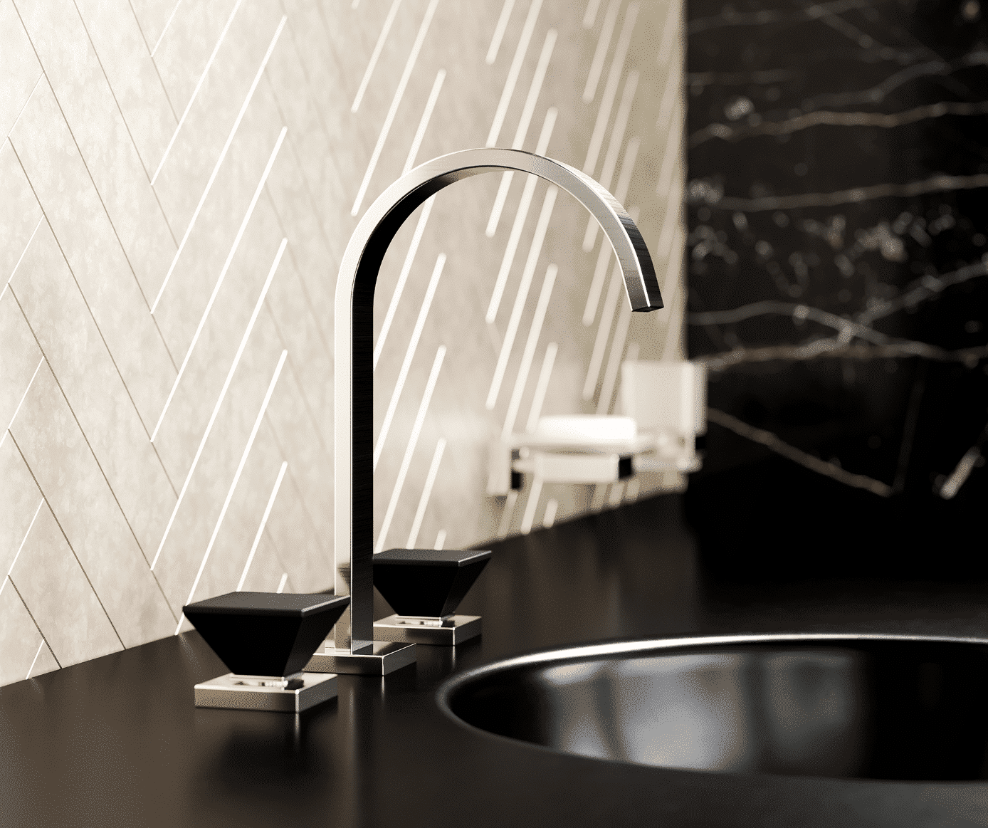 Puristischer Luxus von großer Eleganz: Jörger Design proudly presents „Empire Royal Crystal“ in der exklusiven Oberfläche Nickel matt mit Kristallgriffen in Mattschwarz. Die Griffe aus hochwertig geschliffenen Kristallen sind das Markenzeichen der exklusiven Kollektion und sehen im Trendfinish Mattschwarz besonders edel und elegant aus.