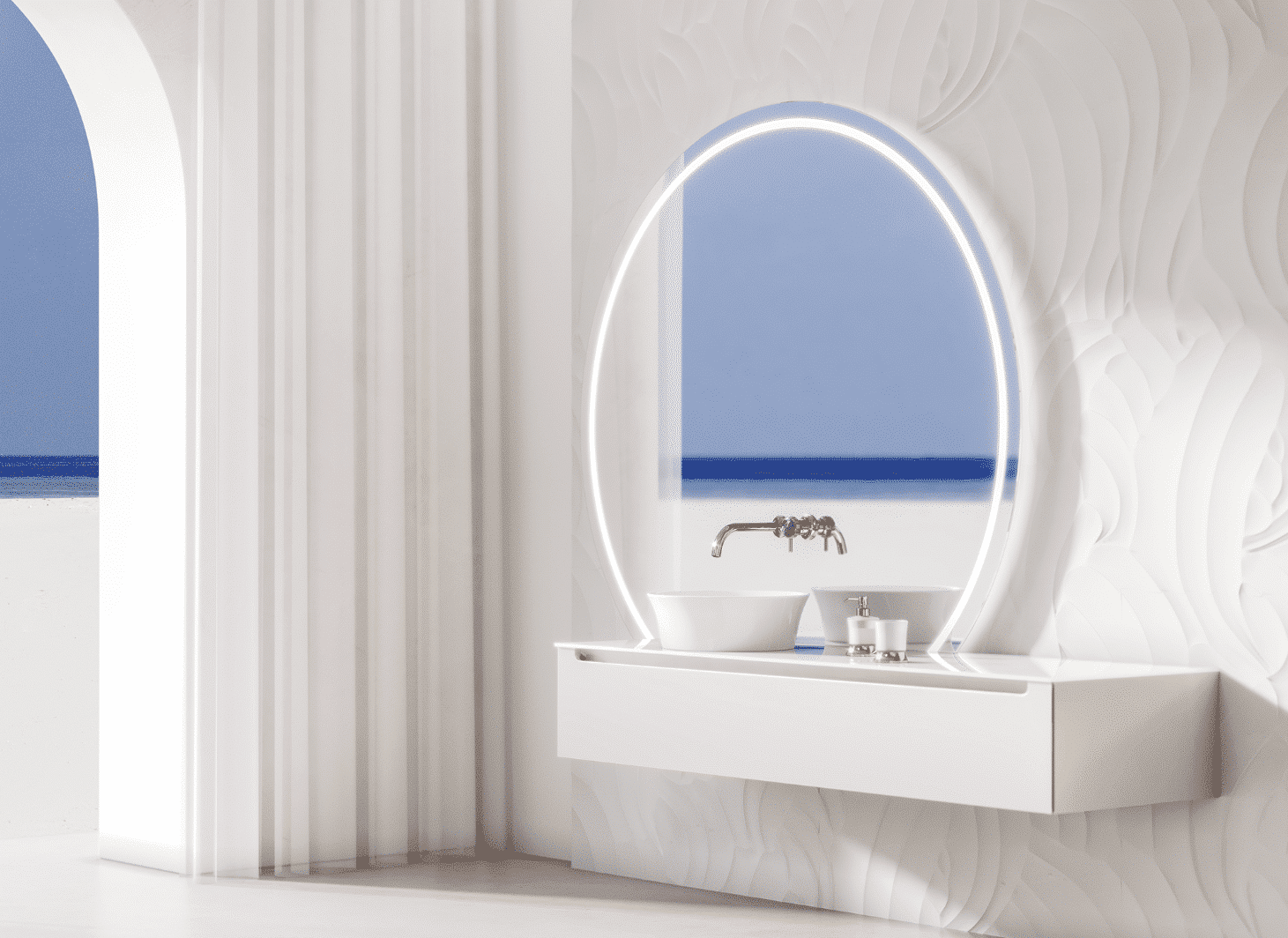Jörger inszeniert das Schmuckdesign von „Valencia“ in Platin mit violettem Amethyst in einem Design-Badezimmer, das durch Schlichtheit, moderne Eleganz und luxuriöse Anmutung beeindruckt und ästhetisch vollkommen wirkt.
