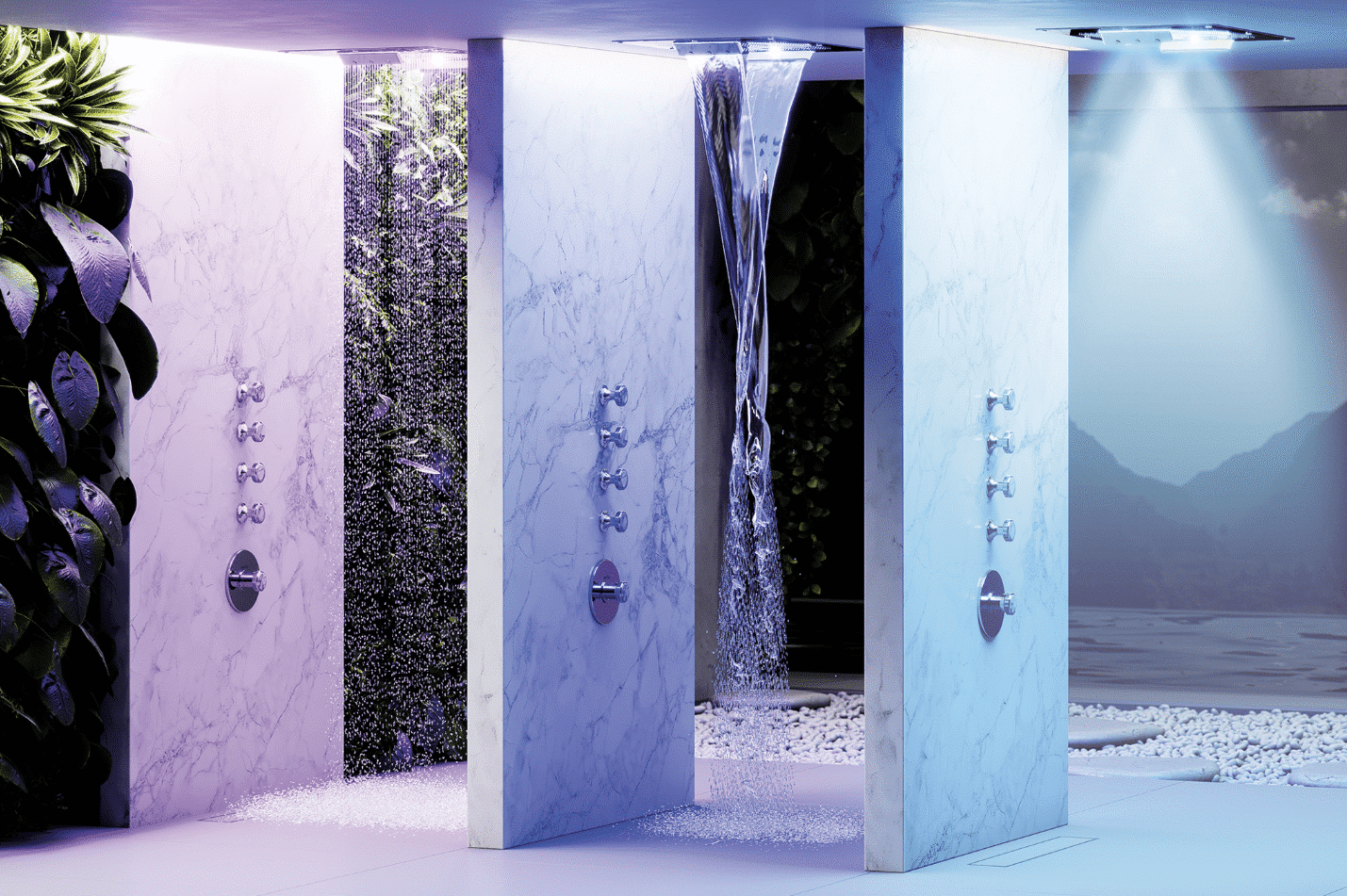 Jörger Armaturen präsentiert drei Duschkabinen mit "rainheaven" in verschiedenen Farben beleuchtet.